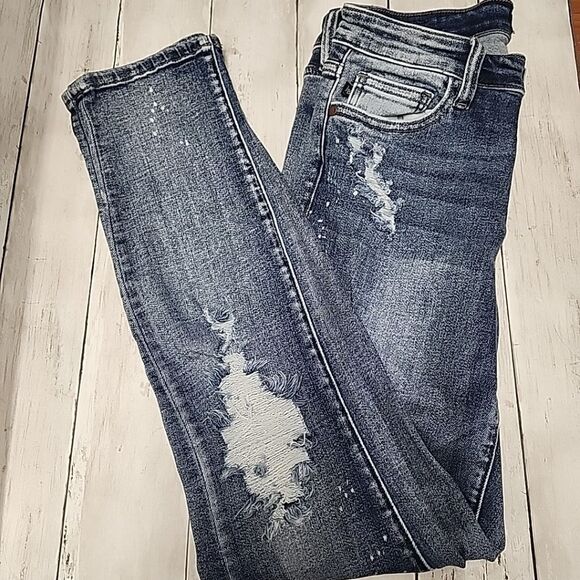 Judy Blue Denim - Judy Blue Boyfriend Fit Midrise Jeans Distressed Splatter Ripped Stretchy Sz7/28